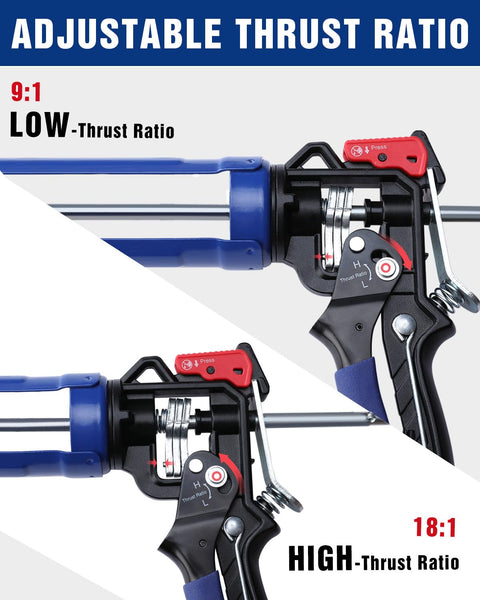 Caulking Gun With Adjustable Flow For 10 Oz Tubes 18 To 1 High Thrust And 9 To 1 Low Flow Comfort Grip Sealant Gun details