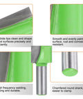 Close-up of Bottom Cleaning Router Bit Pro Grade With 1/2 Inch Shank Carbide Tipped For Spoilboard Surfacing Planing And Slab Flattening In Woodworking CNC Mortising Bit 1 Inch Cutting Diameter 25/32 Inch Depth Green Silver Finish, showing carbide tips and smooth painted surface.