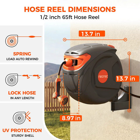 Retractable Garden Hose Reel 65 Foot One Half Inch Heavy Duty Hose With Auto Rewind No Tangle And Any Length Lock Wall Mounted