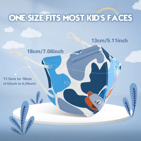 Kids KN95 Face Mask Pack Of 50 With Five Layer Breathable Protection showing animal print design with dimensions listed