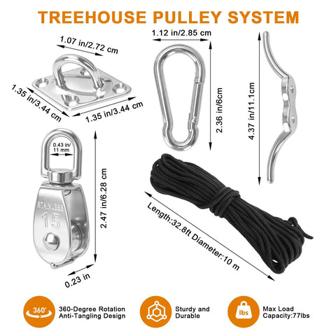 Heavy-Duty Treehouse Pulley System Kit With Dual Pulleys Nylon Rope Hooks Lifting Plates And Rope Cleat For Easy DIY Treehouse Lifts And Projects Ready To Use, stainless steel parts and 32.8 ft rope with sizes
