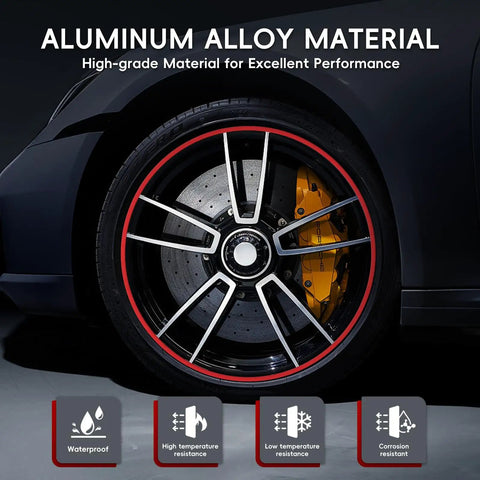 Pro Grade Black Wheel Rim Protectors Four Pack Universal Tire Edge Guards on alloy wheel, showcasing aluminum material and protection features.