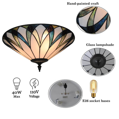 Vintage Stained Glass Ceiling Light 18-Inch Flush Mount Fixture With Bowl Shade, side view with hand-painted glass details.