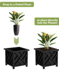 Lattice Design Outdoor Planter Box Dope Front Porch Decor 14.75 Inch Square Black Plant Pot 13 Inch Tall with plant options