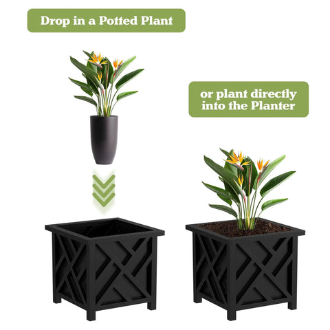 Lattice Design Outdoor Planter Box Dope Front Porch Decor 14.75 Inch Square Black Plant Pot 13 Inch Tall with plant options