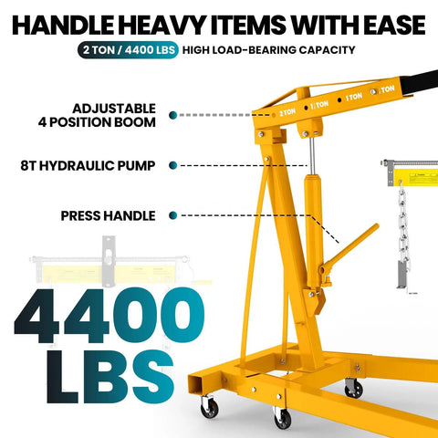 No Nonsense Heavy Duty Folding Engine Hoist Cherry Picker Featuring A Massive 59 Inch Boom And Rock Solid Hydraulic Lifting Gear showing 2 ton capacity and 8T hydraulic pump.