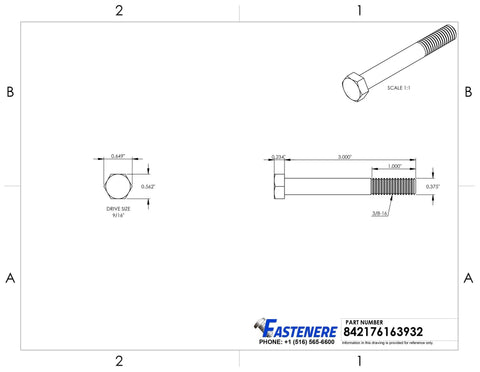 Front and side views of 3/8-16 x 3 hex head cap screws, external hex drive, stainless steel 304, partially threaded, qty 10