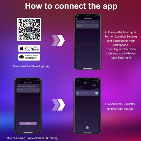 Steps to connect the app with Outdoor RGB LED Flood Light 25W 250W Equiv 2500LM with App Control Bluetooth 16 Million Colors.
