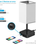 Touch Control Bedside Table Lamp With USB-C USB-A Ports And Two AC Outlets, LED Desk Light With Black Fabric Shade, charging function.