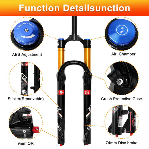 Air Suspension Front Fork For MTB 26 27.5 29 Inch With Upgraded 34mm Stanchions, 140mm Travel, Rebound Adjust, Gold color.