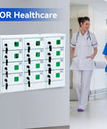 Solid Heavy Duty Steel 12 Slot Cell Phone Storage Lockers With Integrated Fast Charging Station And Secure Key Lock For Offices Schools And Work Crews White, displayed in a healthcare setting.