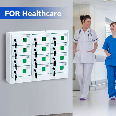 Solid Heavy Duty Steel 12 Slot Cell Phone Storage Lockers With Integrated Fast Charging Station And Secure Key Lock For Offices Schools And Work Crews White, displayed in a healthcare setting.