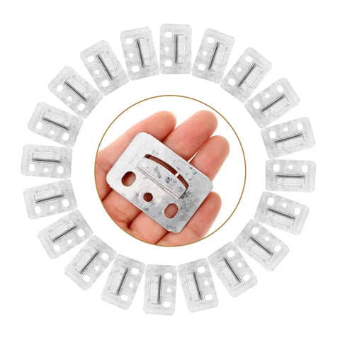 100 Piece Rugged Stainless Steel Gusset Plates Heavy Duty Wall Panel Clamps polished edge shown in hand for drywall mounts.