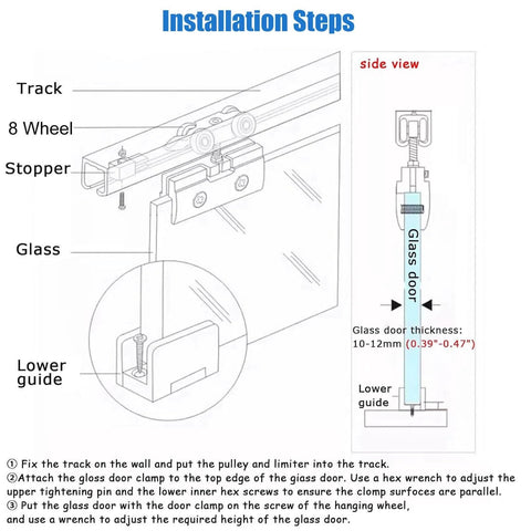 Installation diagram for Sliding Glass Barn Door Hardware Kit For Shower Doors With 3 Mm Aluminum Track And Stainless Steel Rollers No Squeak Ultra Quiet Smooth Glide Black Finish Fits 10 To 12 Mm Thick Doors 11.2 Ft Long Rail