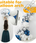 8 Pack Heavy Duty Balloon Arch Clips Set securing white and blue balloon arch against a wall with clamps visible.