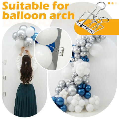 8 Pack Heavy Duty Balloon Arch Clips Set securing white and blue balloon arch against a wall with clamps visible.