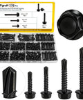 Black Self Tapping Screws Kit For Metal 170 Piece Assortment With Sizes Eight By Half Inch Eight By Three Quarter Inch Ten By One Inch Ten By One And Half Inch Hex Washer Head Self Drilling Screws 410 Stainless Steel Ideal For Light Metal Repairs And DIY displayed with package and close-ups