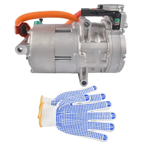 Bolt Right In 125W Belt Driven AC Compressor For Tesla Model S And Model X 2016 To 2020 with protective gloves for installation.