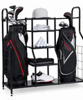 Golf Organizer For Bags And Gear With Adjustable Feet Holds Two Golf Bags And Five Metal Shelves Great Home Garage Clubhouse Storage Rack For Easy Access To Your Clubs And Accessories Easy Assembly