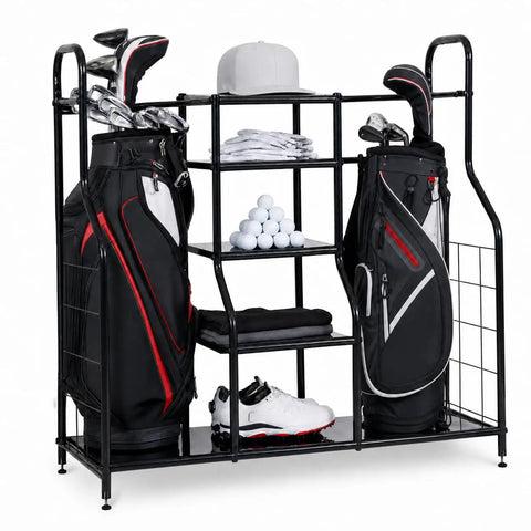 Golf Organizer For Bags And Gear With Adjustable Feet Holds Two Golf Bags And Five Metal Shelves Great Home Garage Clubhouse Storage Rack For Easy Access To Your Clubs And Accessories Easy Assembly