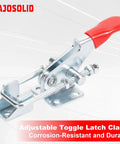 Solid Heavy Duty Toggle Latch Clamps 40323 6 Pack For Garage Shop With 360 Lbs Hold Power Great For Woodworking And Jig Projects That Need Serious Grip, close-up view of a latch clamp with a red handle.