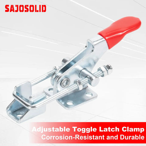 Solid Heavy Duty Toggle Latch Clamps 40323 6 Pack For Garage Shop With 360 Lbs Hold Power Great For Woodworking And Jig Projects That Need Serious Grip, close-up view of a latch clamp with a red handle.