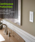 Solid Build 20 Amp Self Test Gfci Outlet With Clear Led Status Light Auto Ground Fault Protection Slim Tamper Resistant Design mounted in bathroom decor.
