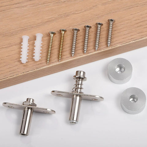 360 Degree Concealed Door Hinge With Universal Joints And Adjustable Mounting Hardware for Doors, screws, and fittings shown