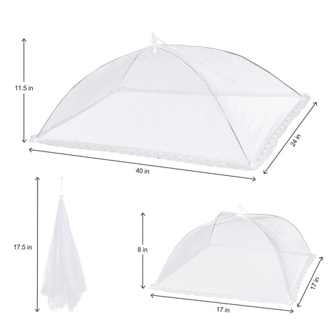 Outdoor Mesh Food Covers Set 10 Pack Pop Up Tents for Picnic and Camping, showing 40x24 and 17x17 sizes with dimensions.