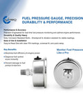 Fuel pressure gauge, 1-1/2 in, stainless steel case, 0-30 psi, back-mount 1/8 in NPT, black dial (front/back views).