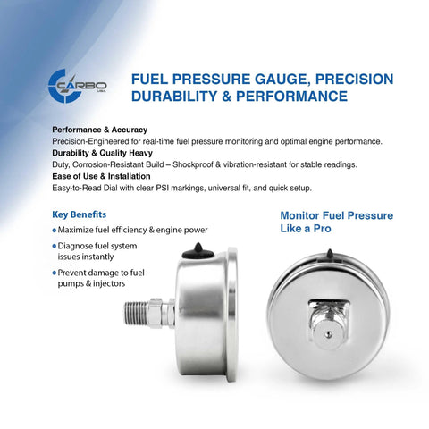 Fuel pressure gauge, 1-1/2 in, stainless steel case, 0-30 psi, back-mount 1/8 in NPT, black dial (front/back views).