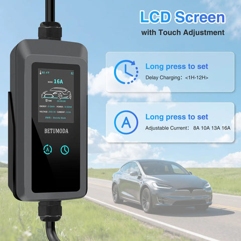 Level 1 And Level 2 EV Charger With 25 Feet Cable, 16A, 110-240V, adjustable current display with smart timer features, LCD screen.