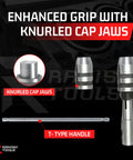 Three Piece T Handle Tap Wrench Set With Jaw Openings 1/16 To 5/32, 5/32 To 1/4, And 1/4 To 1/2 Inch showing knurled cap jaws