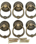 Set Of 6 Vintage Antique Brass Drop Ring Pulls For Drawers With Single Mounting Hole, large ring 1.4-inch, screws included