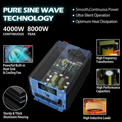 4000W Pure Sine Wave Power Inverter 12V DC To 110V And 120V AC with internal components and features highlighted