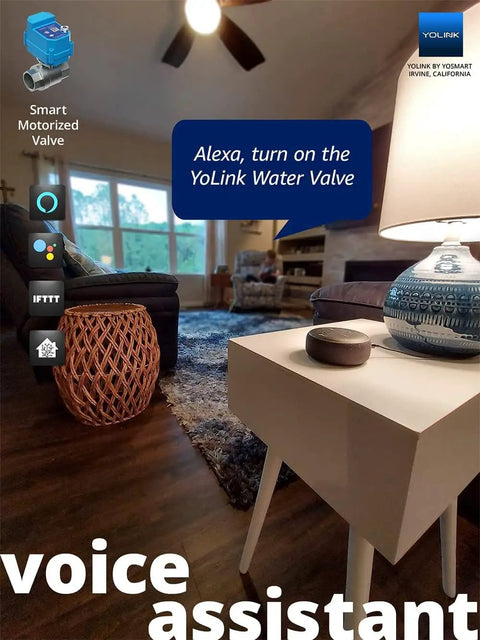 Smart Motorized Stainless Steel Ball Valve Kit for Water Control with Alexa command feature in living room setting