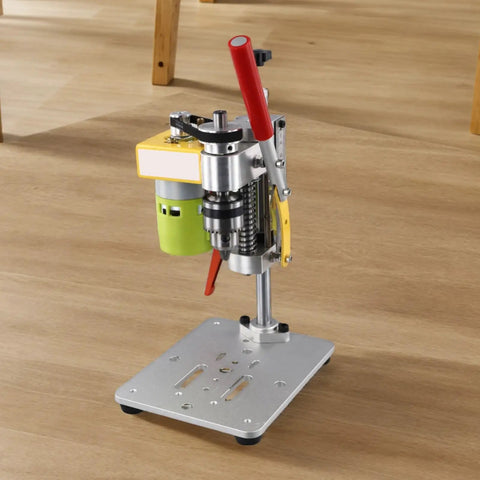 Get This Portable Mini Drill Press For CNC Table Milling With Powerful 795W Dc Motor Up To 7000RPM For Wood, Plastic And Soft Aluminum. Features Precise Depth Control With Limit Rod For Accurate Benchtop Drilling And Expansible Base Setup. Compact and lightweight drill press with a green motor and red handle on a silver base.