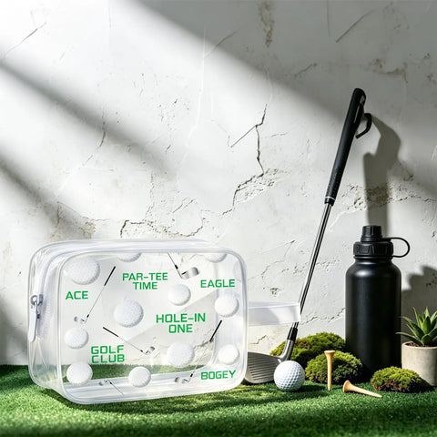 16 Pack Clear PVC Zip Pouch Bags For Travel And Everyday Use See Through Makeup Toiletry Snack Organizer Bags next to golf gear