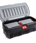 Heavy Duty 48 Gallon Plastic Storage Bin With Two 8 Gallon Nested Lockable Boxes And Secure Fitting Lids, open view showing inner compartments.