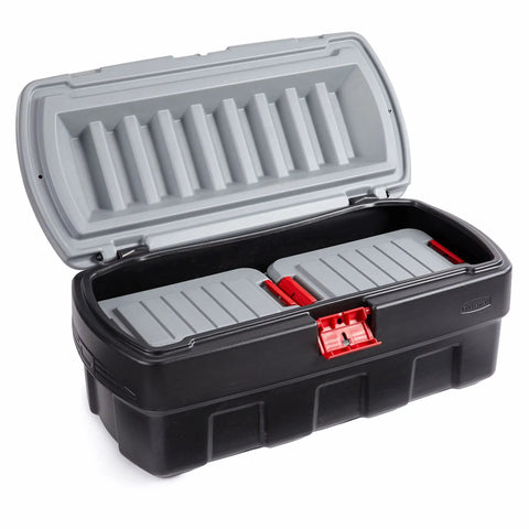 Heavy Duty 48 Gallon Plastic Storage Bin With Two 8 Gallon Nested Lockable Boxes And Secure Fitting Lids, open view showing inner compartments.