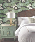 Bedroom with Lily Pad Peel And Stick Wallpaper Roll In Black And Green, 20.5 Inch Wide By 16.5 Feet Long, Covers 28.18 Square Feet
