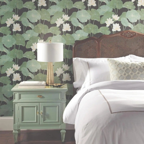 Bedroom with Lily Pad Peel And Stick Wallpaper Roll In Black And Green, 20.5 Inch Wide By 16.5 Feet Long, Covers 28.18 Square Feet