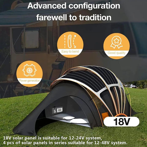 Close-up of flexible solar panels on a tent showcasing Beast 2000W Solar Panel Kit With Four 500W Flexible Panels Monocrystalline Cells 40A Charge Controller Ideal For Camping Off Grid Power Battery Charging On Boat RV.
