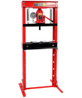 Heavy Duty 20 Ton Hydraulic Shop Press With Easy Read Pressure Dial for auto garage, red steel frame, measuring 59 inches tall.