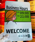 Pearled White Sublimation Aluminum Blanks Metal Sign 8x12 Inch with business hours and cartoon character illustration