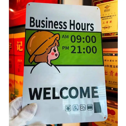 Pearled White Sublimation Aluminum Blanks Metal Sign 8x12 Inch with business hours and cartoon character illustration