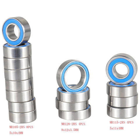 Image of High Speed RC Bearing Kit with MR115 2RS 5x11x4mm, MR128 2RS 8x12x3.5mm, and MR105 2RS 5x10x4mm for Tamiya TT02 RC cars.