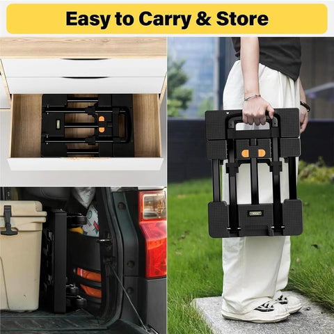 Lightweight Six Wheel Folding Hand Truck Dolly For Luggage And Groceries, Portable Trolley Easy To Use, Diamond Pattern Platform, Heavy Duty Haul Up To 502 Lbs, Ideal For Moving, Shopping, Travel Gear folded in trunk and carried by hand