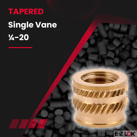 Plastic Threaded Inserts One Quarter Twenty Brass Tapered Single Vane Pack Of Fifty For Ultrasonic And Heat Driver Installation In Thermoplastics With Easy Post Molding Reinforcement And Strong Secure Threaded Connections