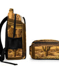 Side view of Warm Sand Dune Desert Flora Printed Unisex Backpack with large capacity and smooth zipper, ideal for school and travel.